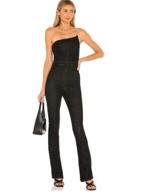 WEWOREWHAT Revolve Asymmetrical Chain Strap Denim Jumpsuit Washed Black